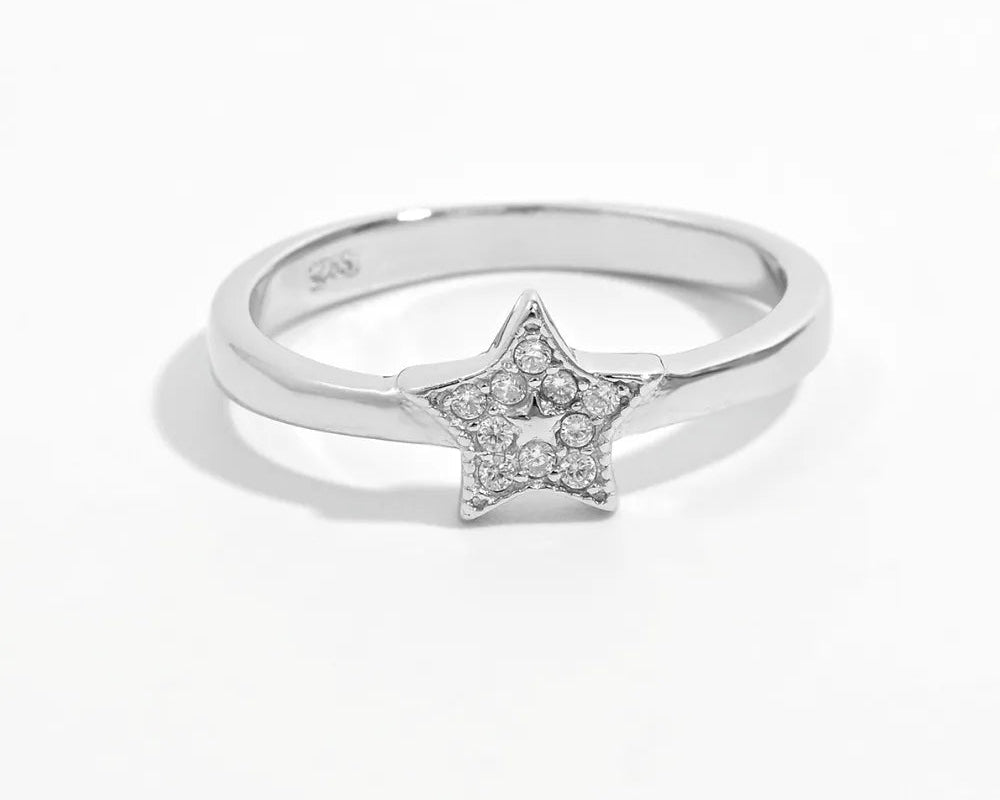 925 sterling silver star ring with inland zircon center, platinum-plated star ring with cubic zirconia stones