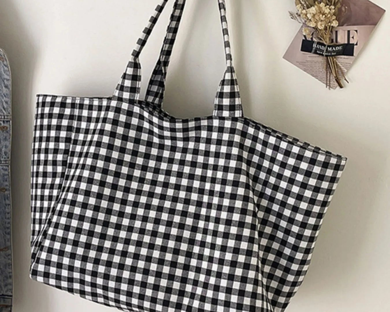 Classic plaid tote bag with black and white checkered canvas, large capacity handbag with long shoulder handles
