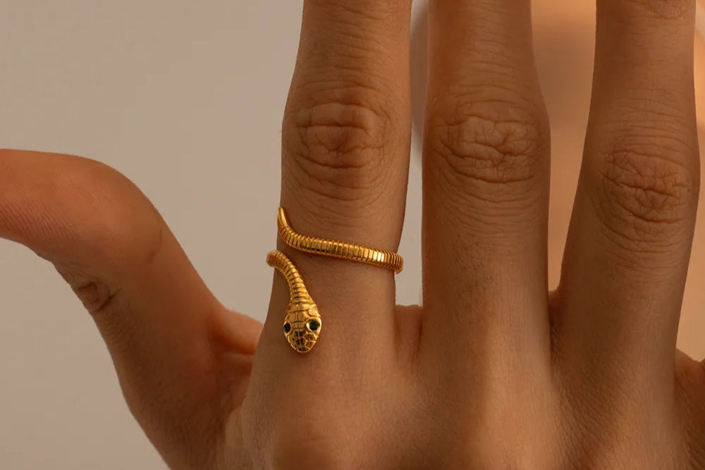 18K gold-plated snake wrap adjustable ring with rhinestone eyes, serpent design ring adjustable sizing