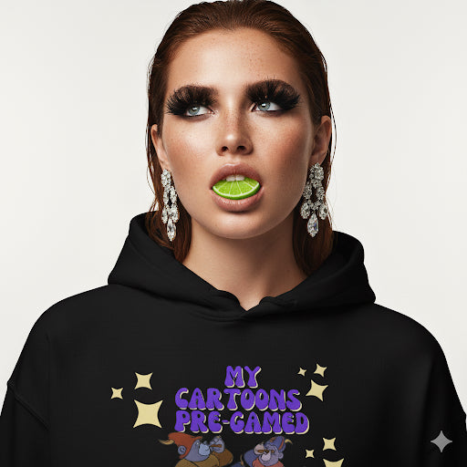 Retro lime green hoodie featuring 90s  Gummi Bears cartoon graphic with the phrase ‘My Cartoons Pregamed’ – cozy unisex streetwear from Fits and Finds Boutique.