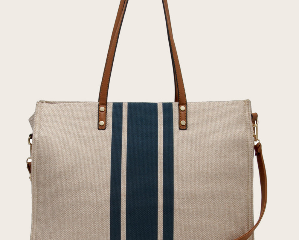 Striped tote bag with blue and white stripes, oversize cotton linen handbag with shoulder strap